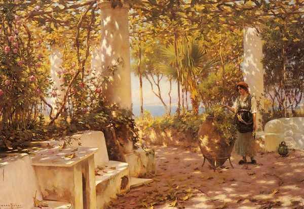 A Peasant Girl on a Sunlit Veranda Oil Painting by Horace Fisher