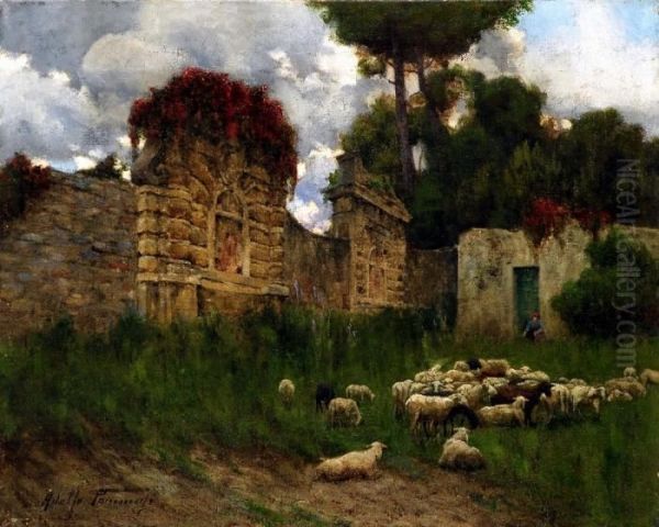 Pecore E Architetture Oil Painting by Adolfo Tommasi