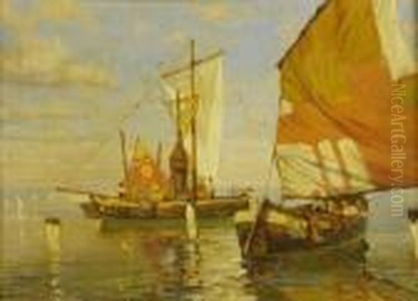 Marina Con Barche A Vela In Primo Piano Oil Painting by Adolfo Tommasi