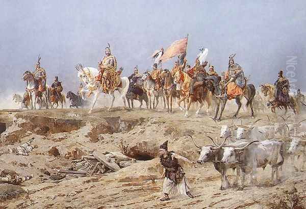 Conquest detail- Prince Arpad and his chieftains 1895 Oil Painting by Arpad Feszty