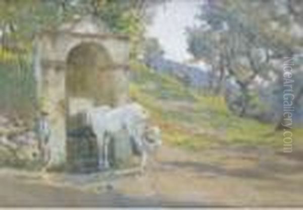 Cavallo E Contadino Alla Fonte Oil Painting by Adolfo Tommasi