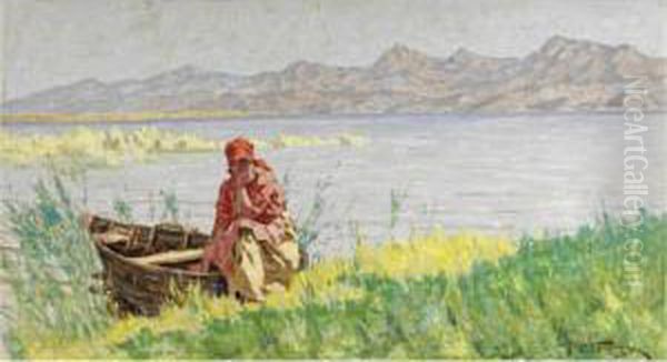 Sulla Riva Del Lago Di Massaciuccoli Oil Painting by Angiolo Tommasi