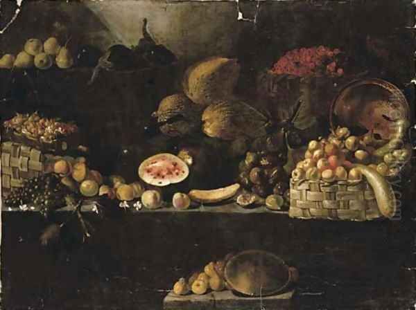 A basket of apples, calabashes, an upturned copper vessel, figs, melons, with other fruit on rocky ledges Oil Painting by Luca Forte