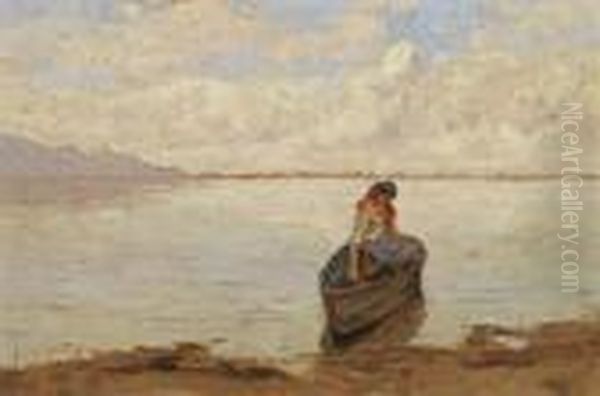 Donna In Barca Sul Lago Di Massaciuccoli Oil Painting by Angiolo Tommasi