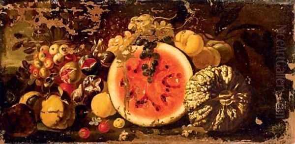 A watermelon and a melon, quince, peaches, crabapples, grapes and figs in a landscape Oil Painting by Luca Forte