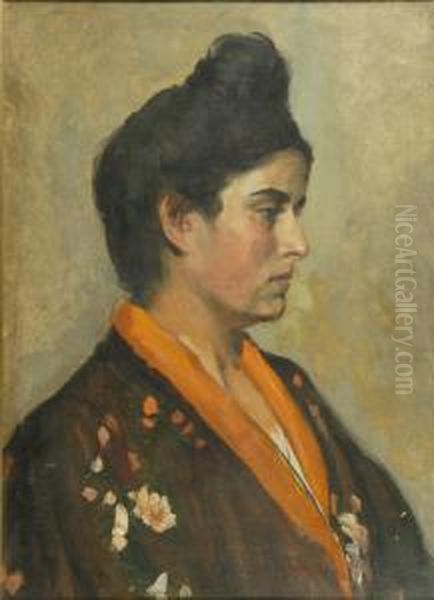 Ritratto Femminile In Kimono Oil Painting by Angiolo Tommasi