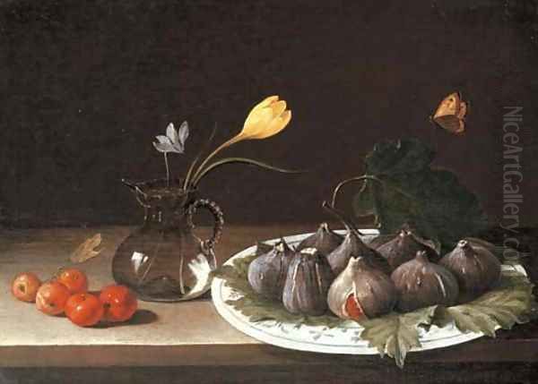 A vase with a crocus and a cyclamen, figs in a porcelain dish and crab apples on a stone ledge, with a butterfly Oil Painting by Luca Forte