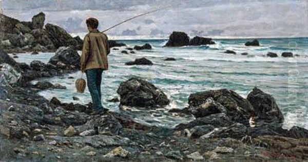 Pescatore Negli Scogli, 1890 Circa Oil Painting by Angiolo Tommasi