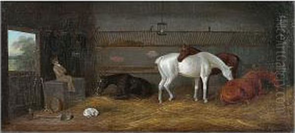 Stable Interior With Horses And Sleeping Stable Hand Oil Painting by Clifton Tomson