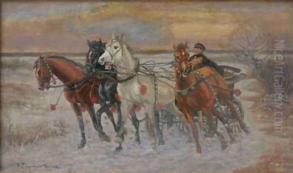 Four Horses Ride Oil Painting by John False