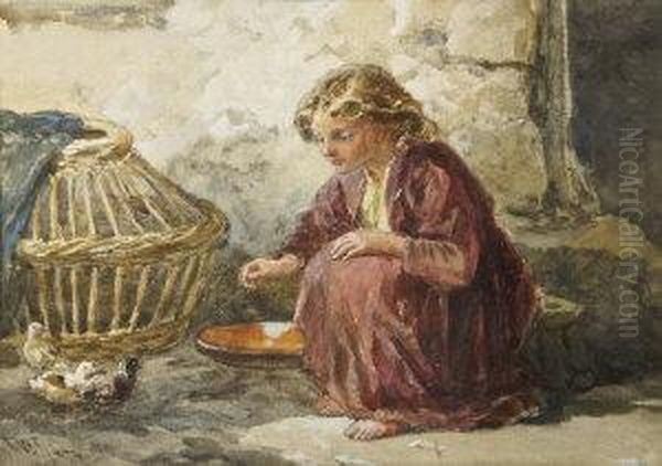 Young Girl Feeding Chicks Oil Painting by Francis William Topham