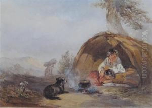 Two Children Sheltering By A County Path Oil Painting by Francis William Topham