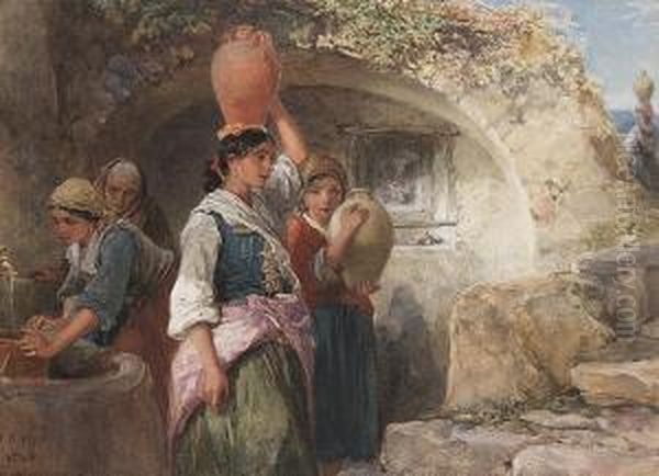 Spanish Girls Collecting Water From A Well Oil Painting by Francis William Topham