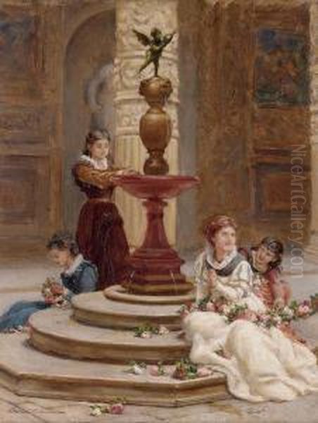 Girls Making Flower Garlands Beside A Fountain Oil Painting by Frank William Warwick Topham