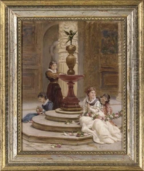 Girls Making Flower Garlands Beside A Fountin Oil Painting by Frank William Warwick Topham