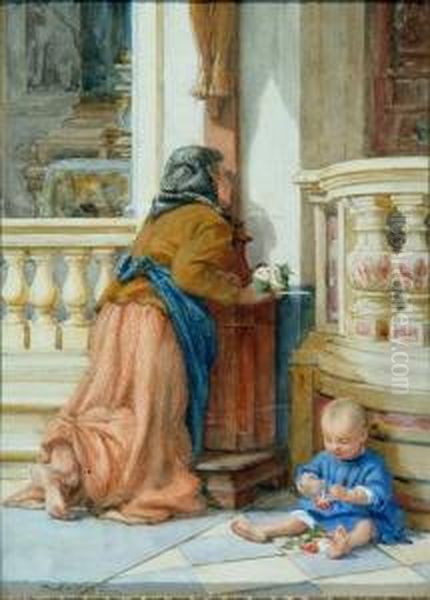 A Mother At Prayer With Infant Alongside Oil Painting by Frank William Warwick Topham