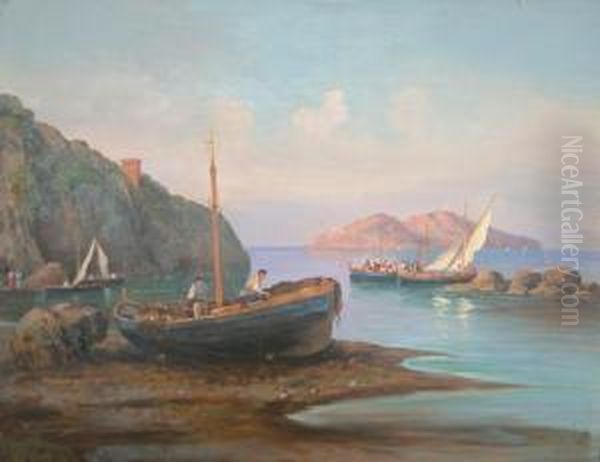 Barche Di Pescatori Sullo Sfondo Di Procida Oil Painting by Francesco Saverio Torcia