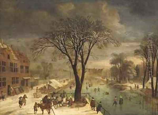 Winter Scene with Skaters on a Frozen River Oil Painting by Jacques Fouquieres