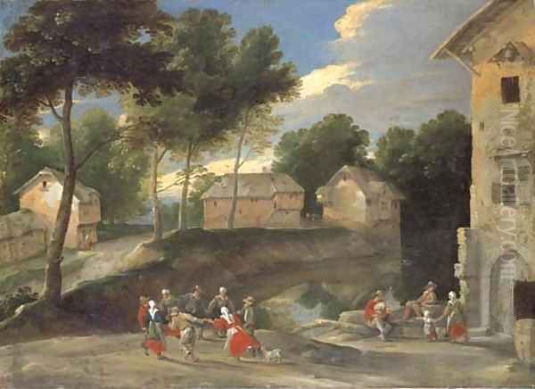 A village landscape with villagers dancing to the bagpipes Oil Painting by Jacques Fouquieres