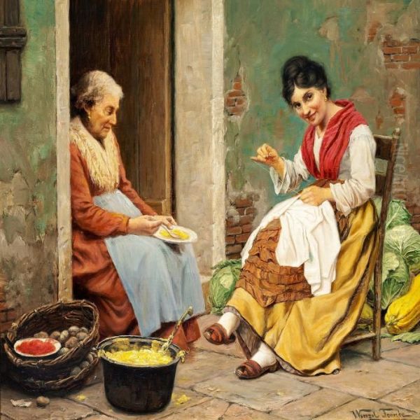 Two Italian Women Sitting In Front Of An Old House. Oil Painting by Wenzel Ulrik Tornoe