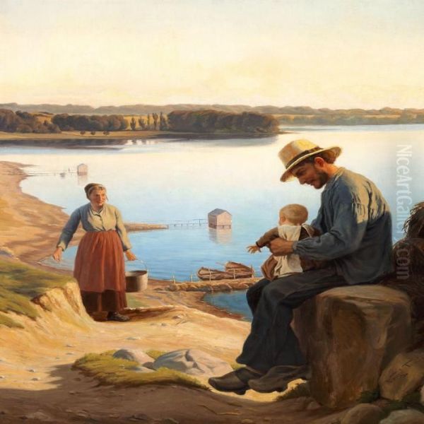 A Fisherman's Family. Motif From Ejby Beach Oil Painting by Wenzel Ulrik Tornoe