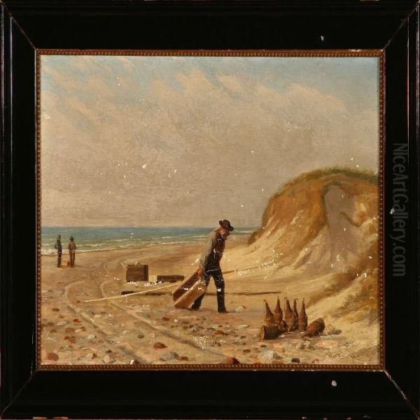 Fishermen At Harboore Beach, Denmark Oil Painting by Wenzel Ulrik Tornoe