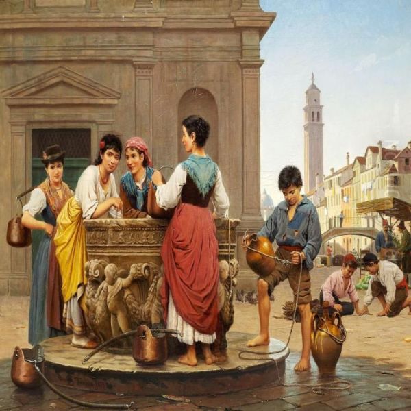 Venetian Girls At The Well Oil Painting by Wenzel Ulrik Tornoe