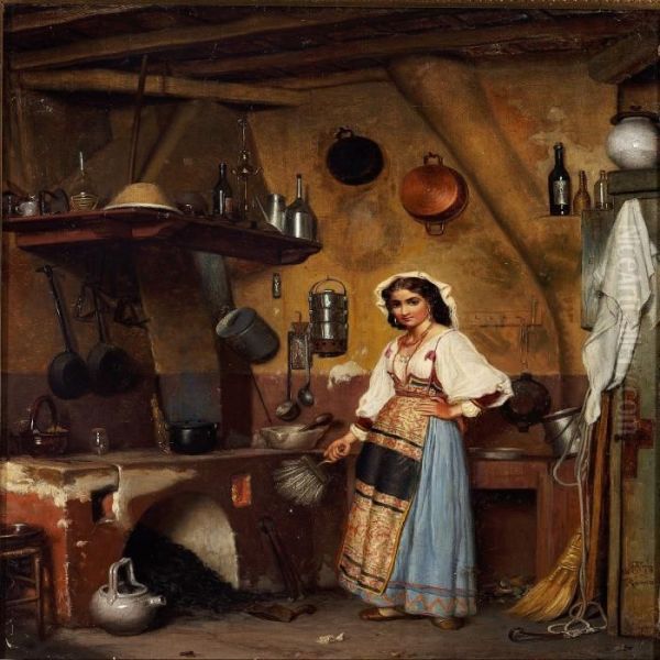 Kitchen Interior With An Italian Woman Oil Painting by Wenzel Ulrik Tornoe