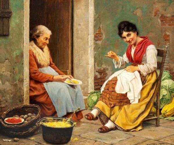 Tornoe: Two Italian Women Sitting In Front Of An Old House Oil Painting by Wenzel Ulrik Tornoe