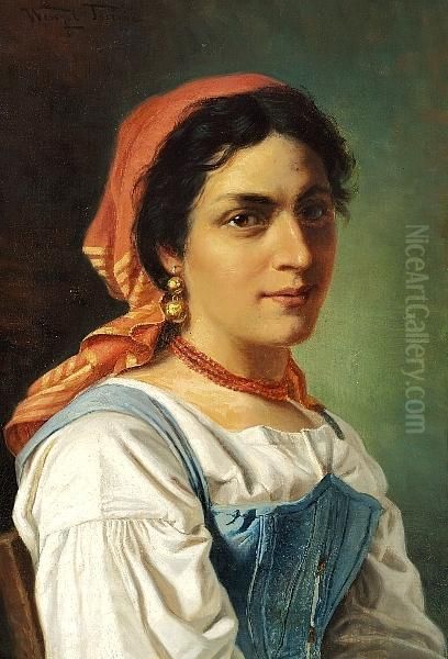 Tornoe: Italian Girl With A Red Scarf Oil Painting by Wenzel Ulrik Tornoe