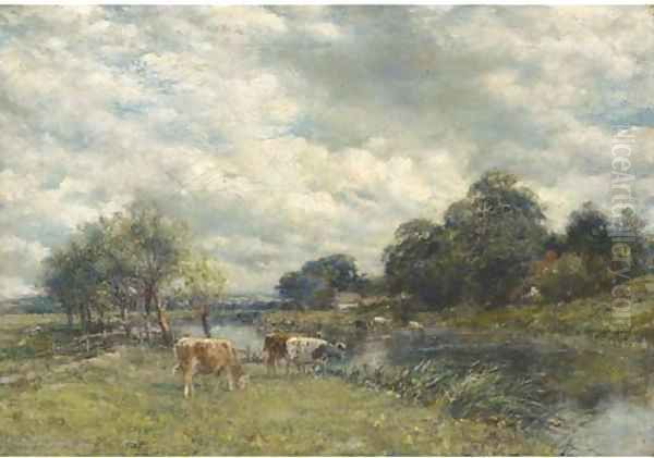 Cattle watering in a river landscape Oil Painting by William Mark Fisher