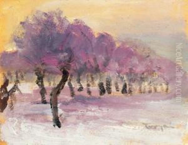 Winter Landscape With Purple Lights Oil Painting by Janos Tornyai