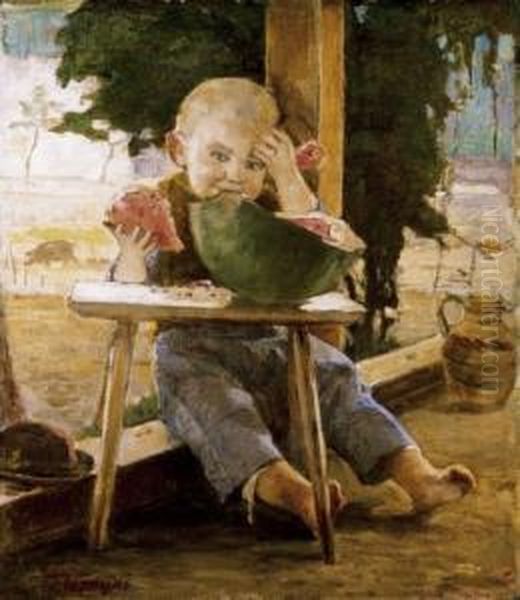 Boy On Th Terrace Oil Painting by Janos Tornyai