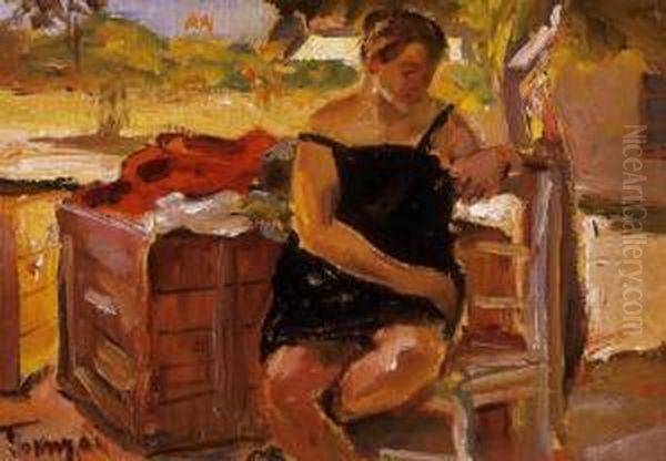 Sun-bathing In The Morning Oil Painting by Janos Tornyai