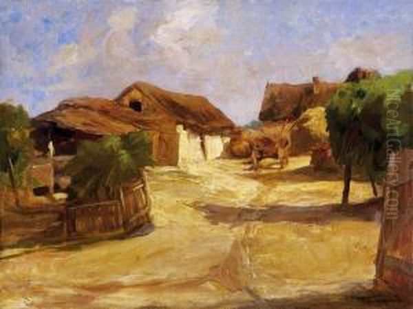 Sunlit Village Yard At Noon Oil Painting by Janos Tornyai