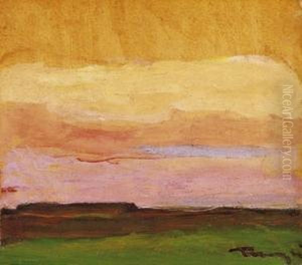 Landscape In The Great Plain By Sunset Oil Painting by Janos Tornyai