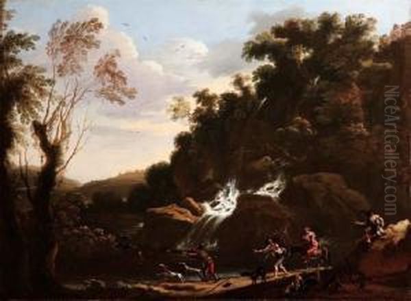 Paesaggio Con Cascata, Cacciatore, Suonatore E Viandanti Oil Painting by Bartolomeo Torreggiani