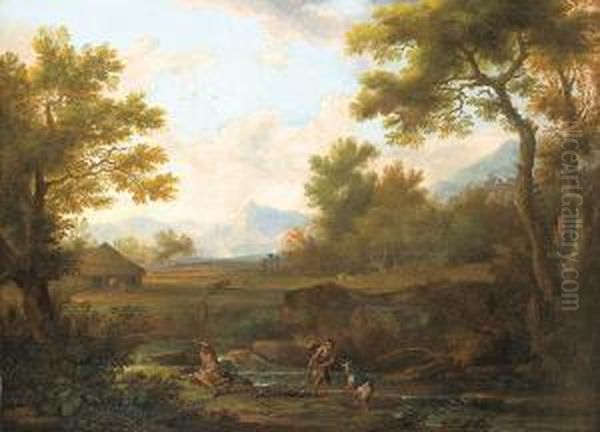 Pecheurs Pres D'une Riviere Dans Un Paysage Oil Painting by Bartolomeo Torreggiani