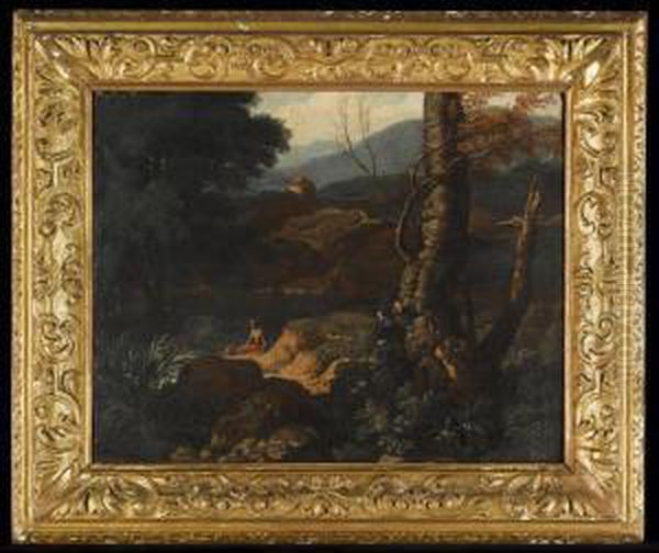 An Italianate Landscape With A Fisherman In The Foreground, A Drover Beyond Oil Painting by Bartolomeo Torreggiani