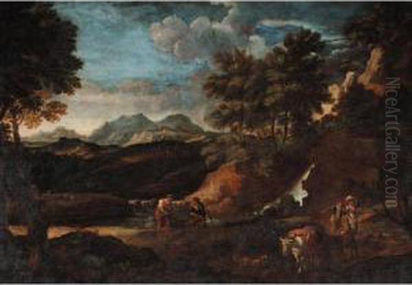 A River Landscape With Travellers And Fishermen Near A Cascade Oil Painting by Bartolomeo Torreggiani