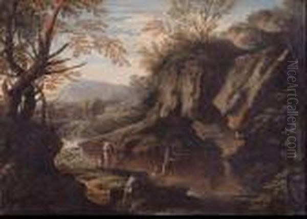 A Gorge With Peasants Fishing And Bandits Oil Painting by Bartolomeo Torreggiani