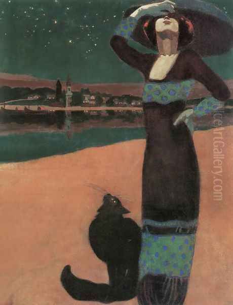 Slim Woman with a Cat 1913 Oil Painting by Geza Farago