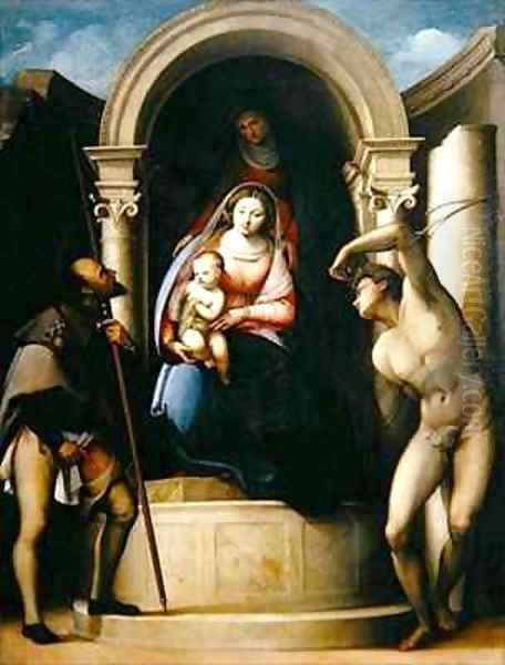 The Virgin and Child with St Anne between St Roch and St Sebastian Oil Painting by Sebastiano Florigerio