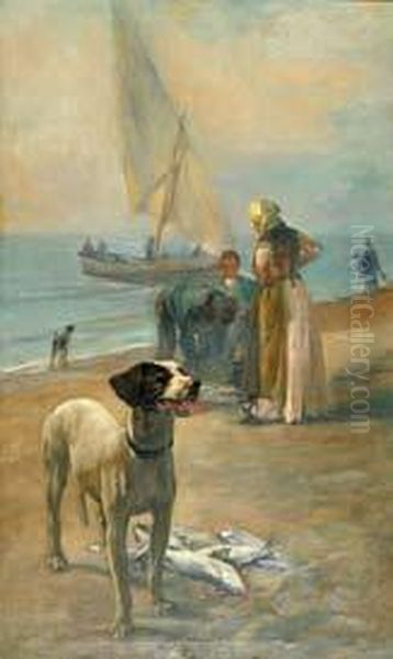 Pescadores En La Playa. Oil Painting by Francesc Torrescassana Sallares