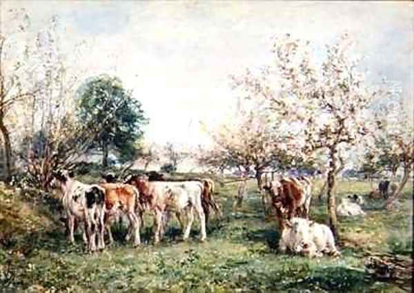 Calves in a Cherry Orchard Oil Painting by Mark Fisher