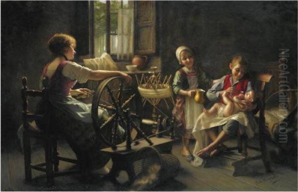 Family In An Interior Oil Painting by Giovanni Battista Torriglia