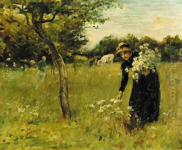 The artist's wife picking flowers Oil Painting by Mark Fisher