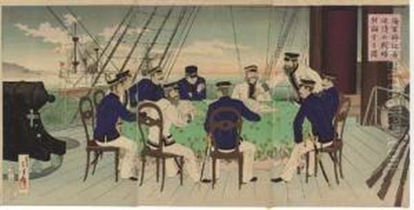 Naval Officers Discussing Battle Strategies Against China Oil Painting by Mizuno Toshikata