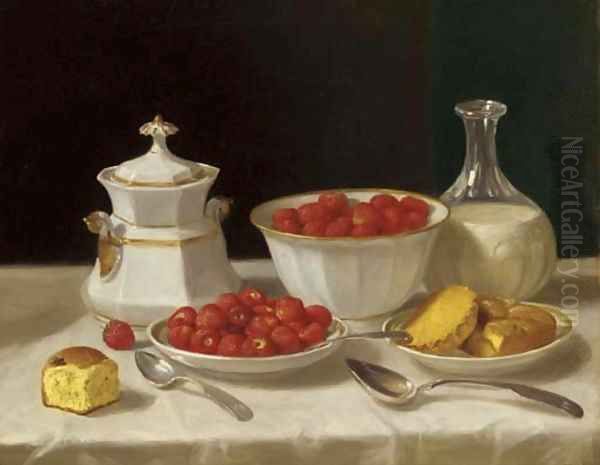 Strawberries, Cake and Cream Oil Painting by John F Francis