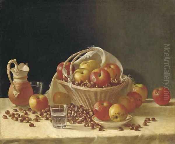 Still Life with Apples, a Basket and Chestnuts Oil Painting by John F Francis